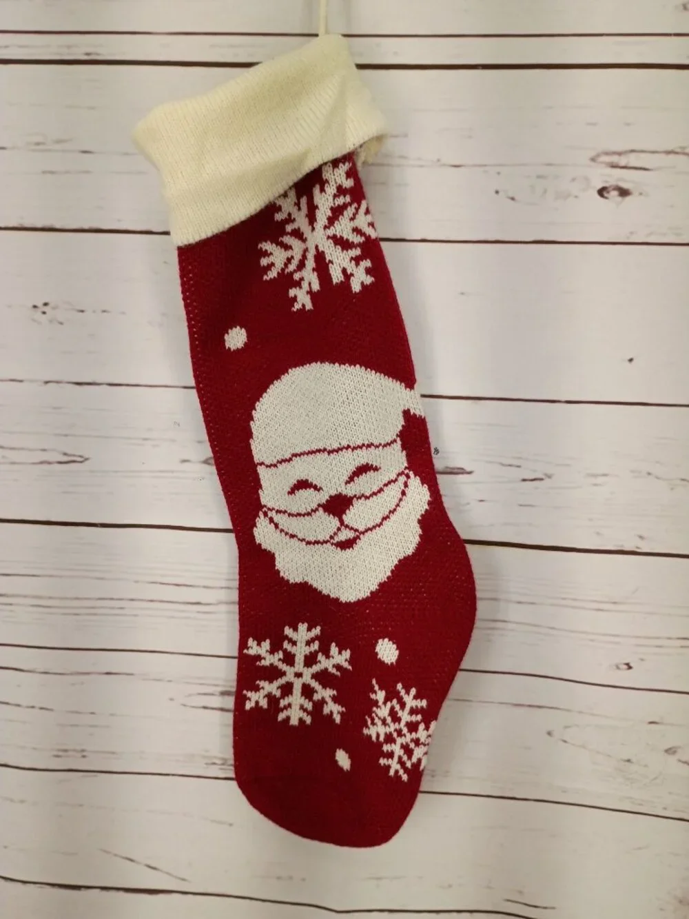 Knit Christmas Stocking With Santa & Snowflakes Design Red & White Holiday Decor